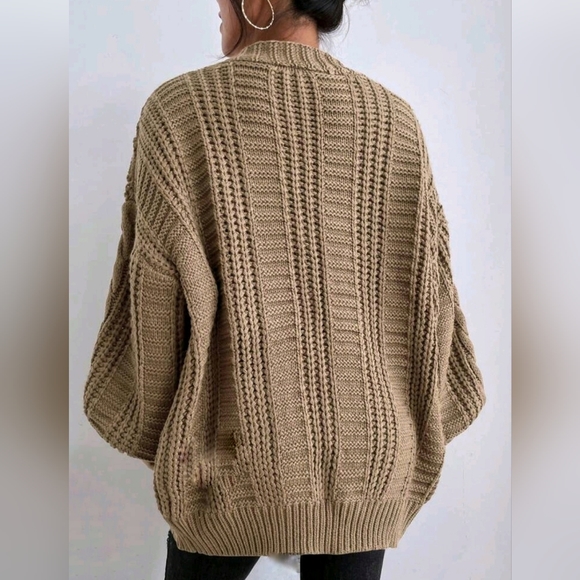 New Boho Chunky Cable Knit Cardigan Sweater Khaki Tan Beige - Picture 3 of 7